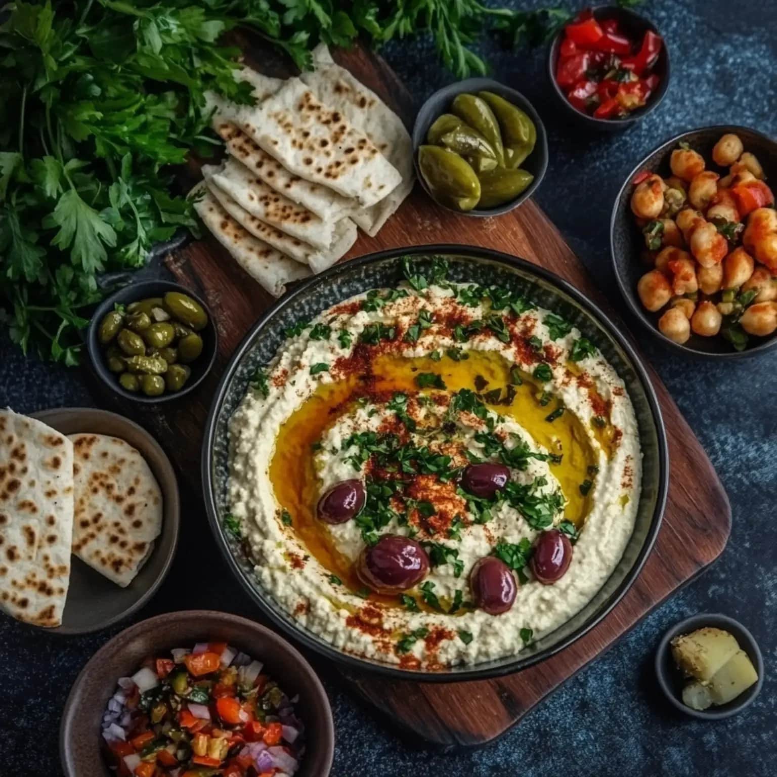 חומוס עם שמן זית לצד סלטים ופיתות